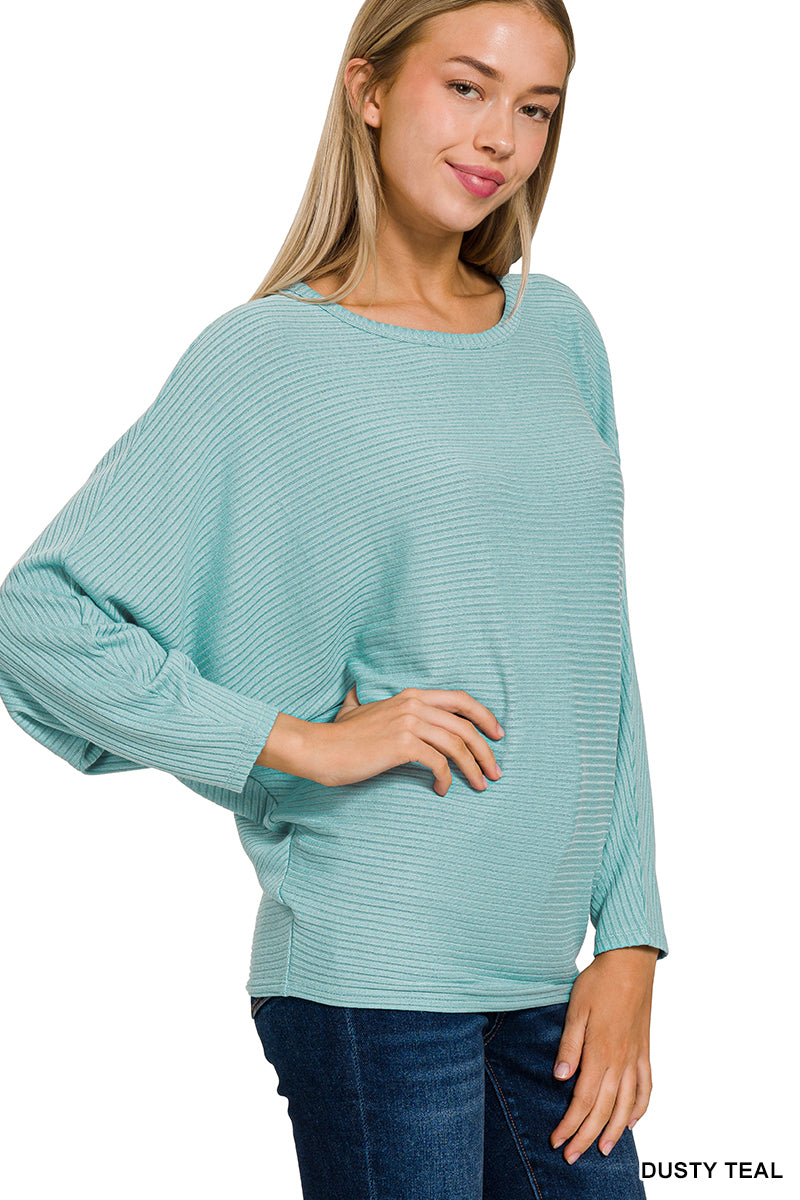 RIBBED BATWING LONG SLEEVE BOAT NECK SWEATER