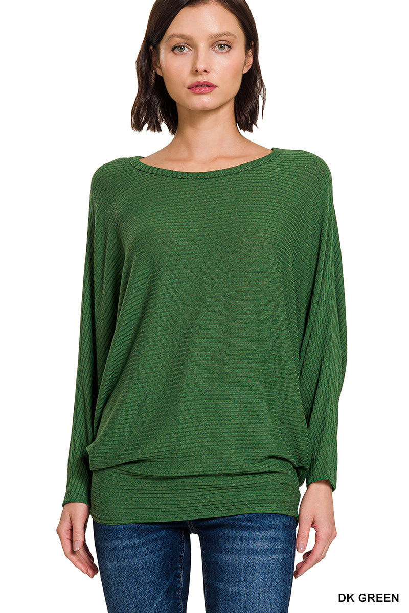 RIBBED BATWING LONG SLEEVE BOAT NECK SWEATER