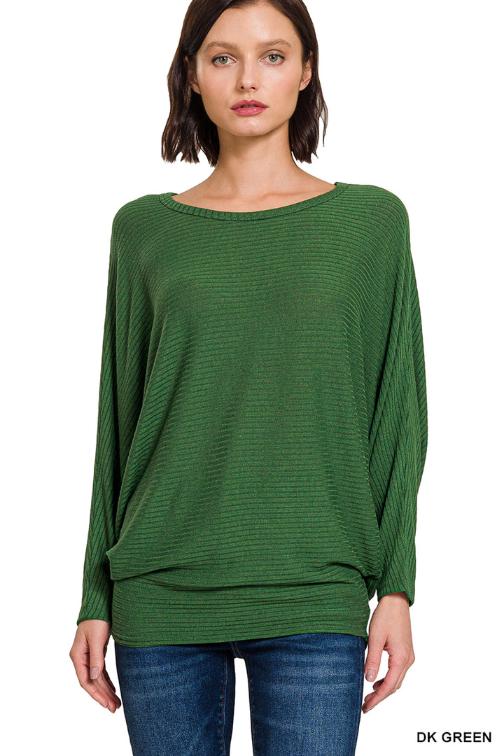 RIBBED BATWING LONG SLEEVE BOAT NECK SWEATER