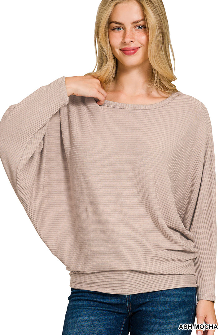 RIBBED BATWING LONG SLEEVE BOAT NECK SWEATER