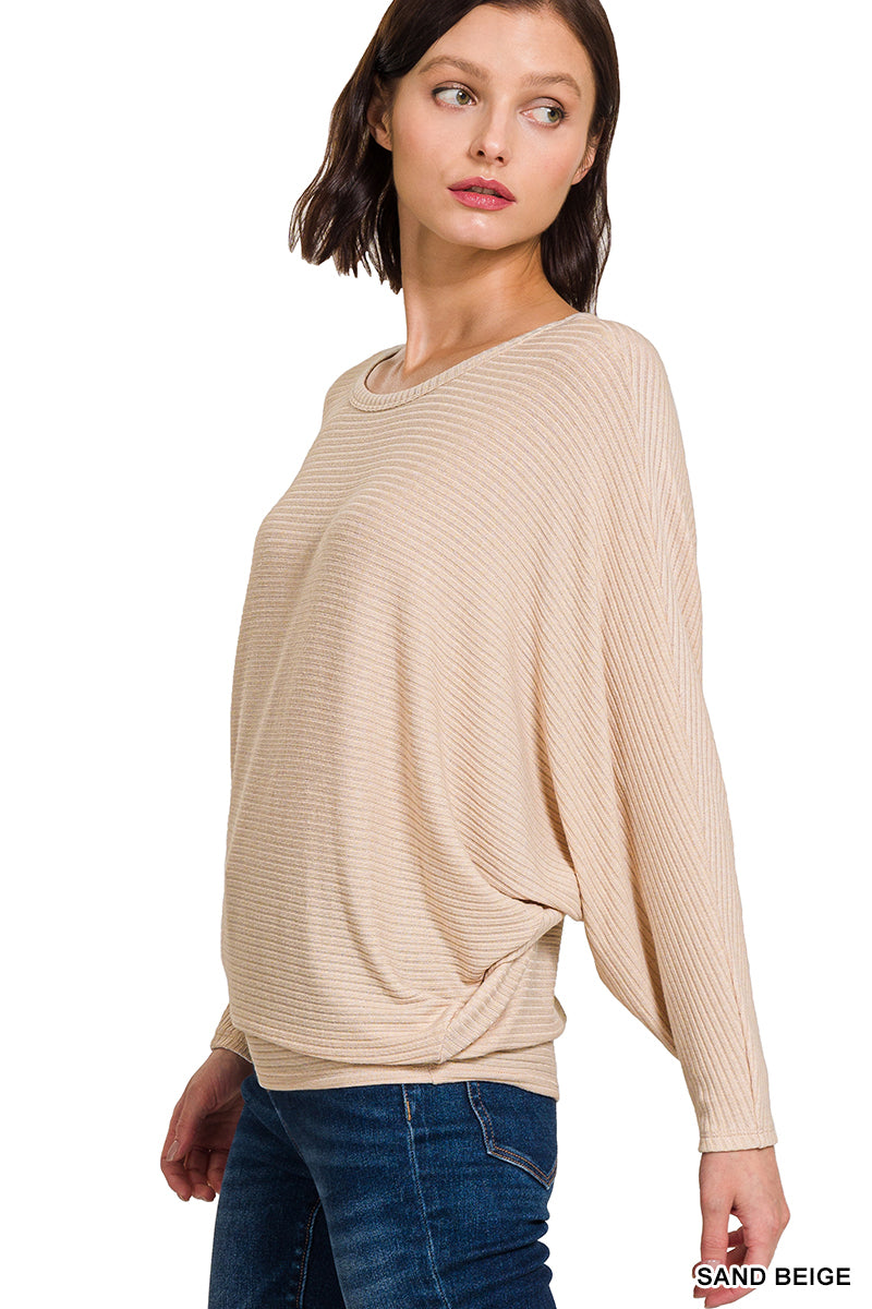 RIBBED BATWING LONG SLEEVE BOAT NECK SWEATER