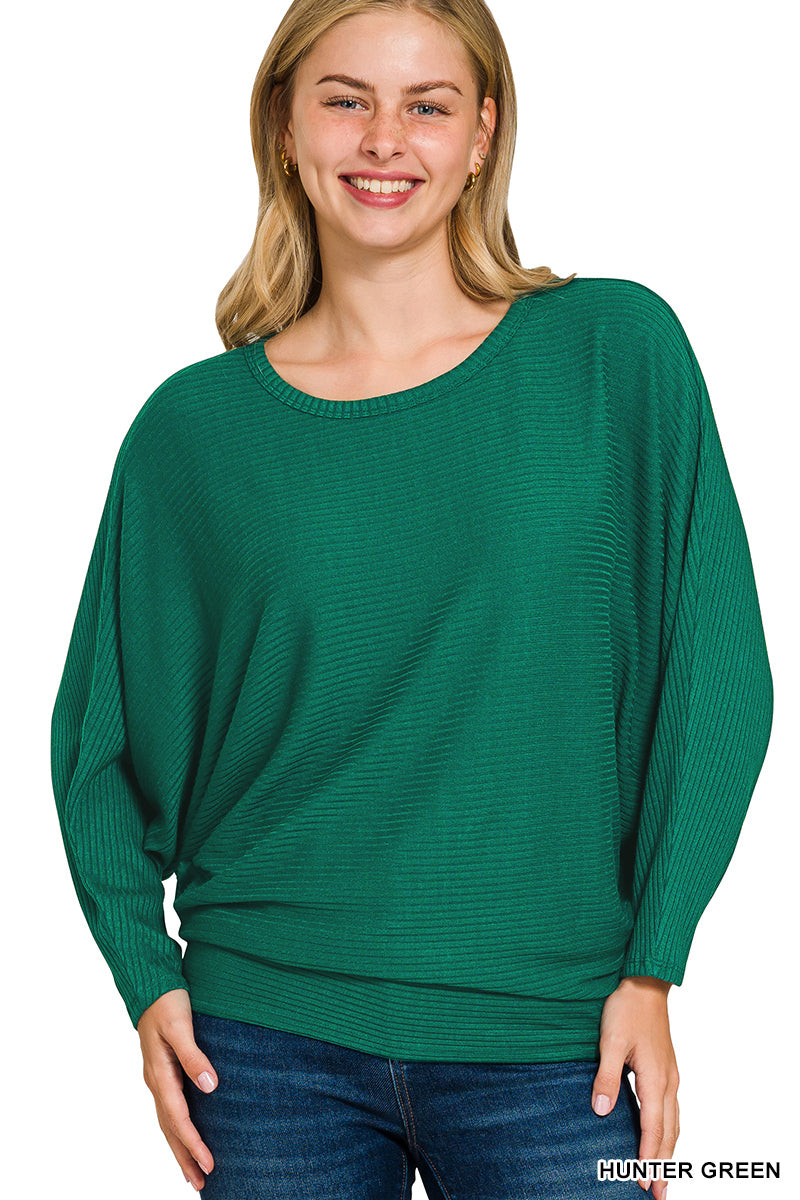 RIBBED BATWING LONG SLEEVE BOAT NECK SWEATER