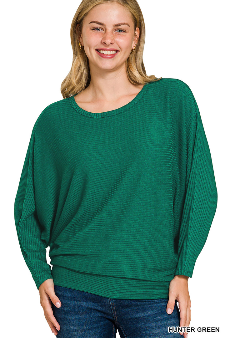 RIBBED BATWING LONG SLEEVE BOAT NECK SWEATER