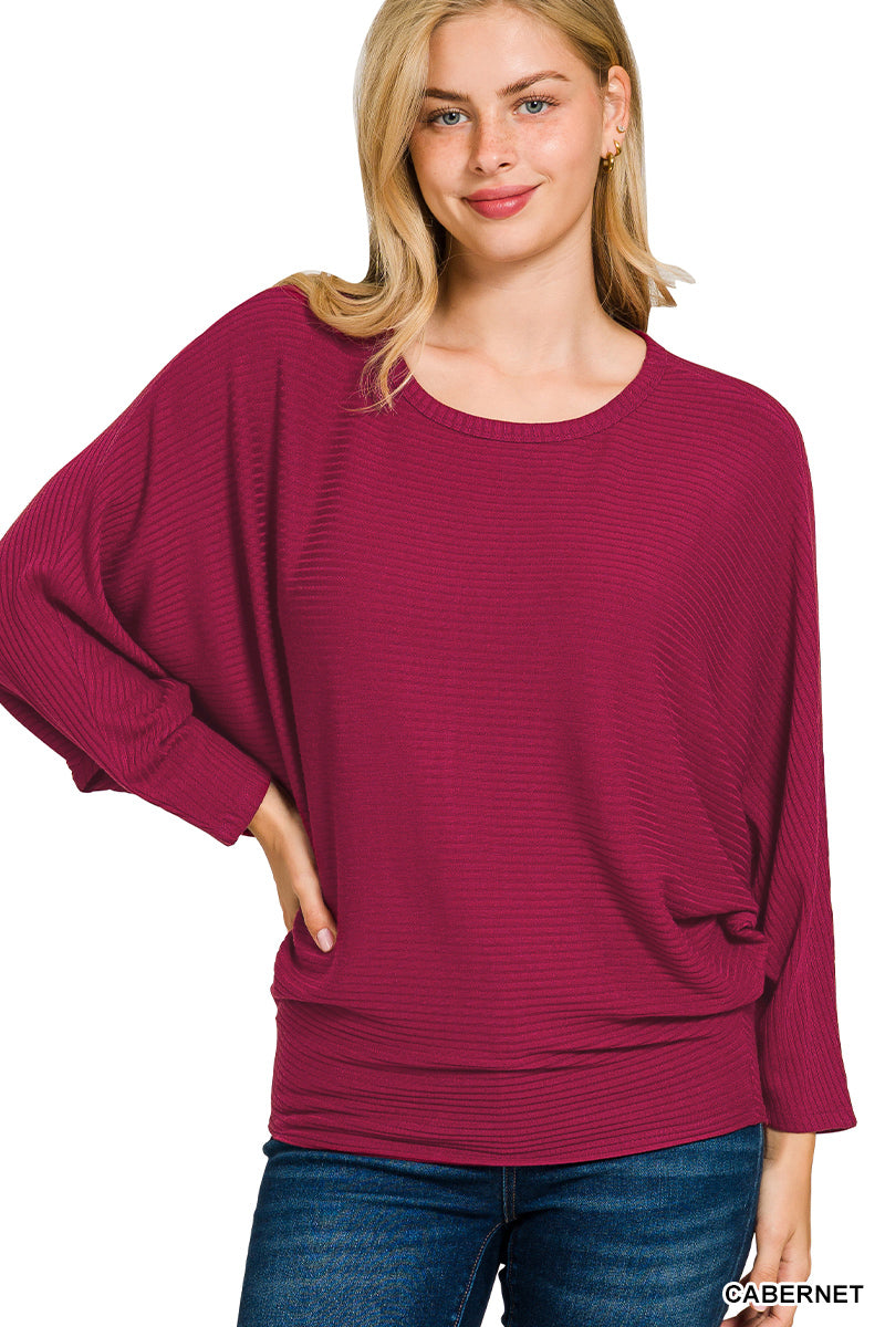 RIBBED BATWING LONG SLEEVE BOAT NECK SWEATER