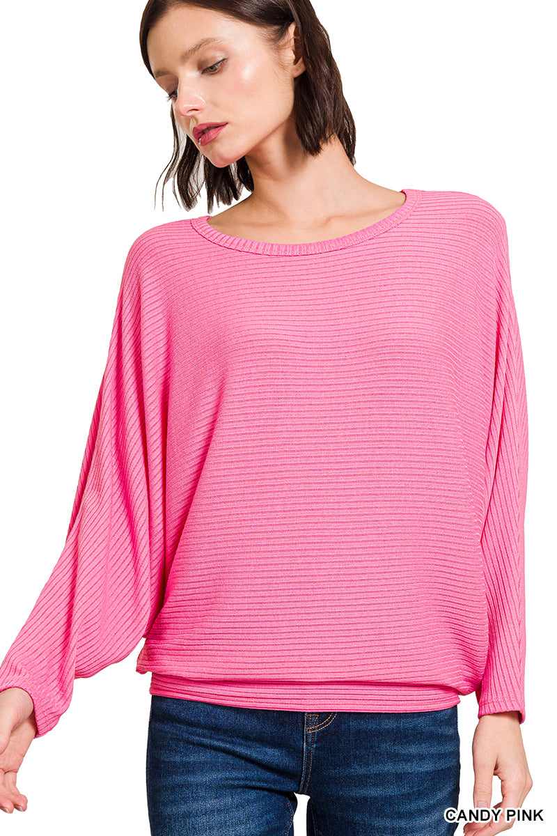 RIBBED BATWING LONG SLEEVE BOAT NECK SWEATER