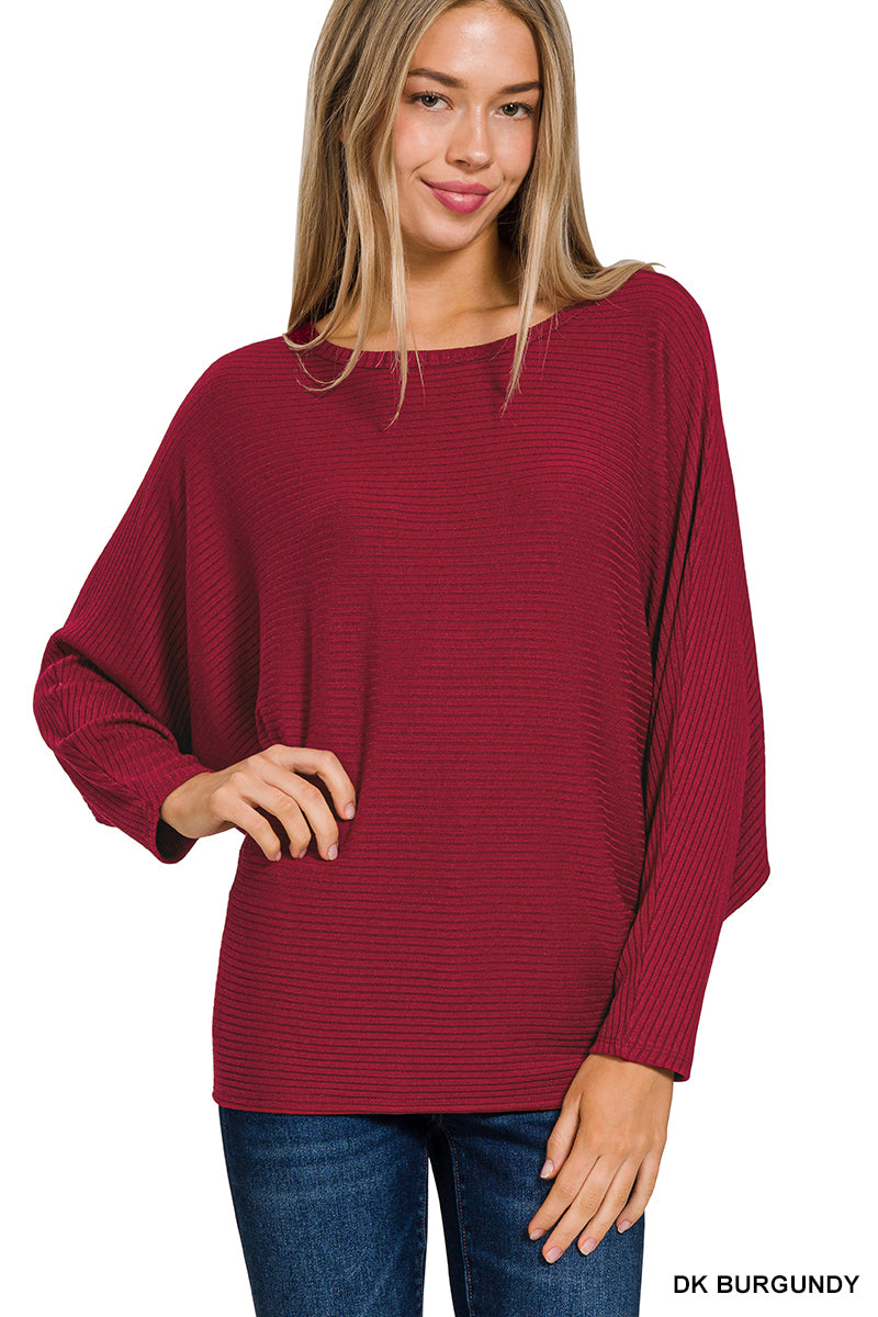 RIBBED BATWING LONG SLEEVE BOAT NECK SWEATER