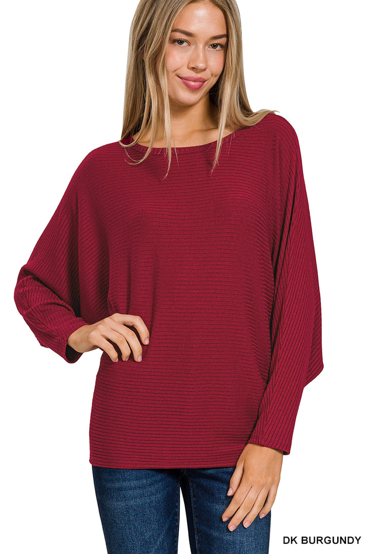 RIBBED BATWING LONG SLEEVE BOAT NECK SWEATER