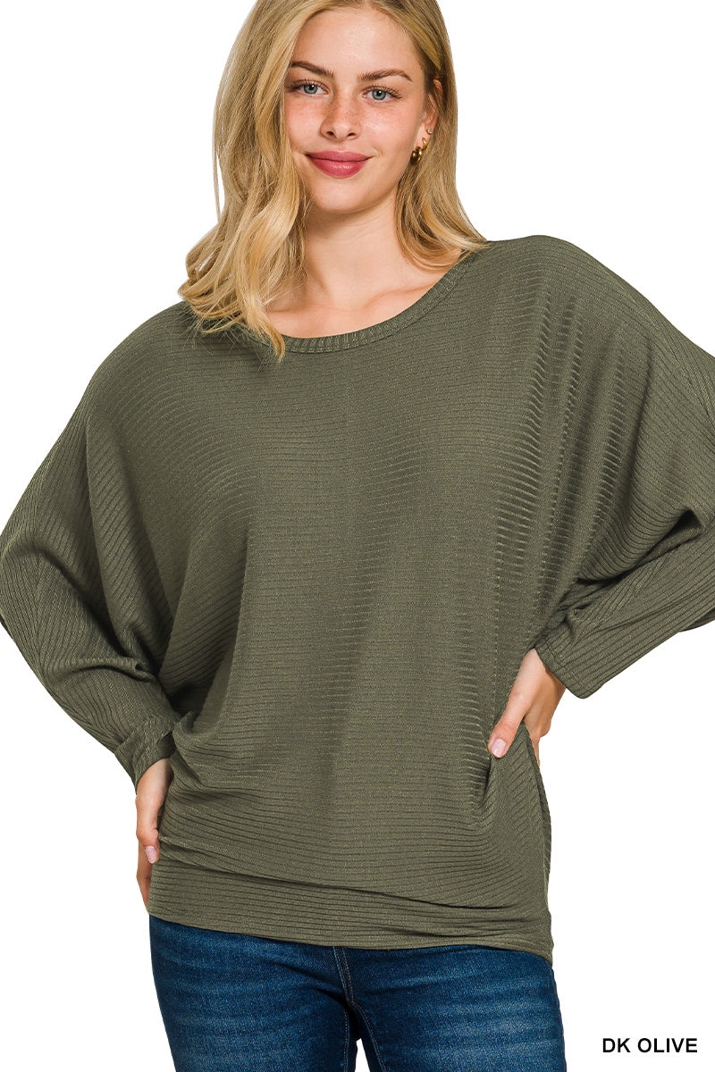 RIBBED BATWING LONG SLEEVE BOAT NECK SWEATER