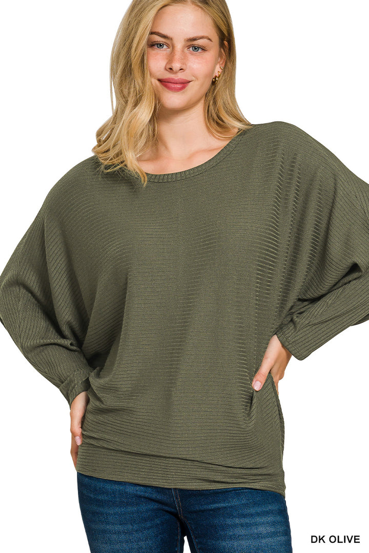 RIBBED BATWING LONG SLEEVE BOAT NECK SWEATER