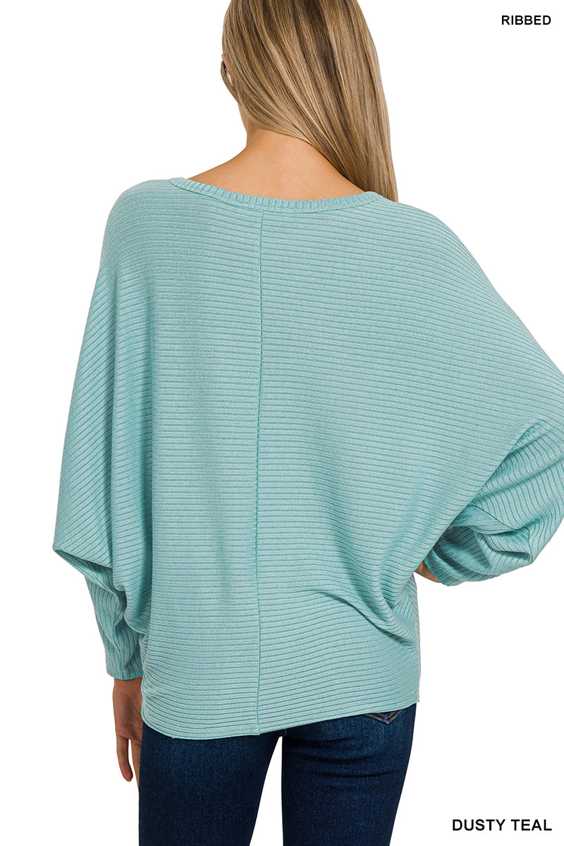RIBBED BATWING LONG SLEEVE BOAT NECK SWEATER