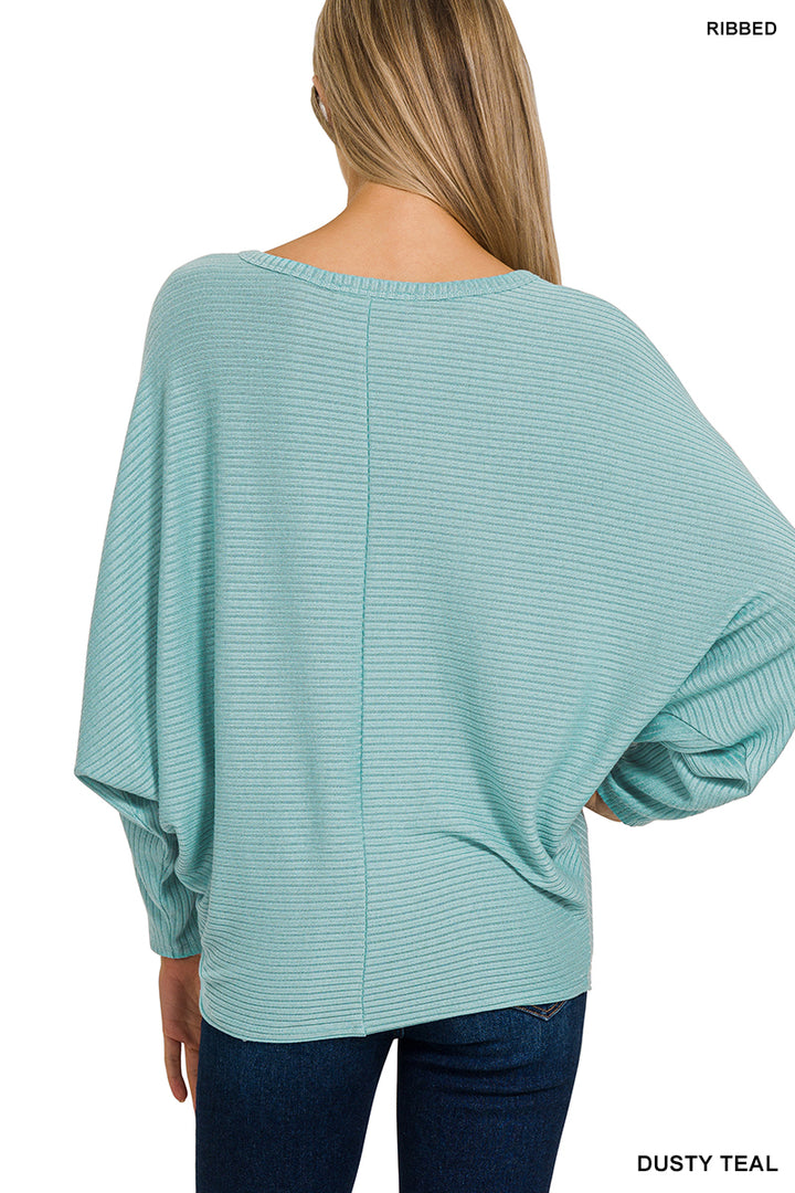 RIBBED BATWING LONG SLEEVE BOAT NECK SWEATER