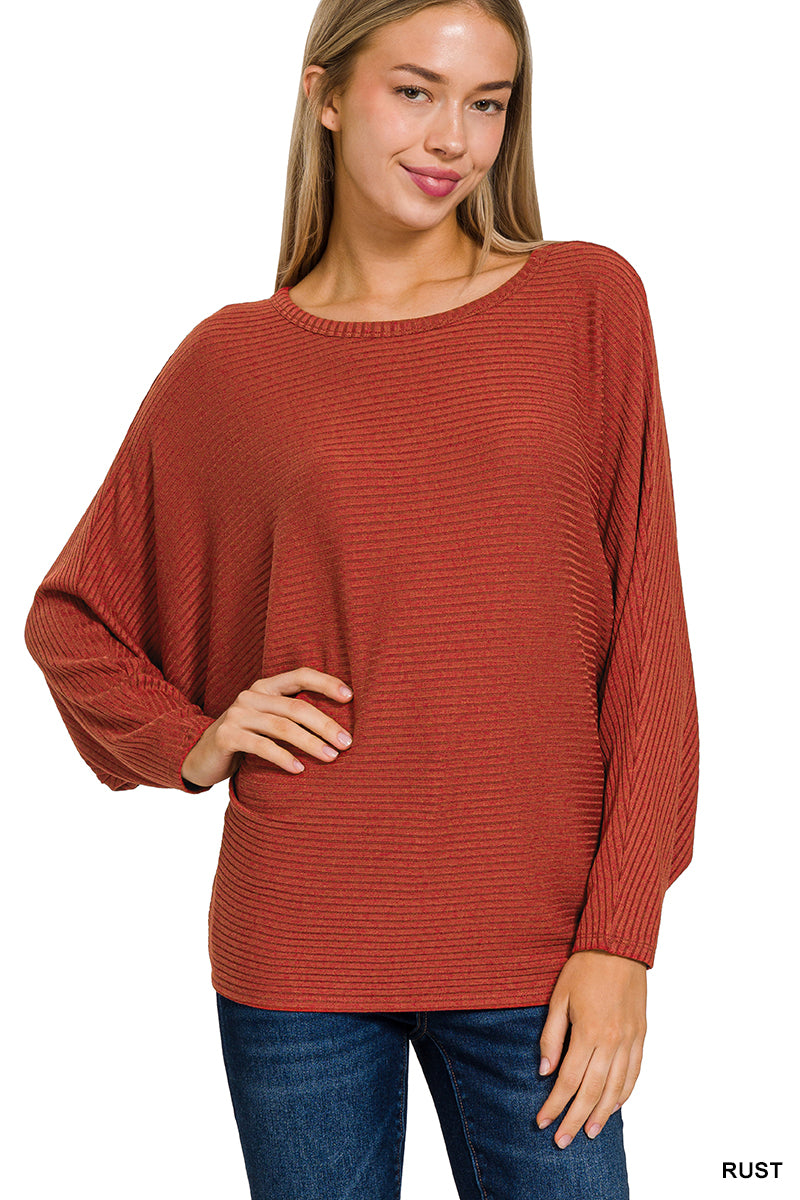 RIBBED BATWING LONG SLEEVE BOAT NECK SWEATER