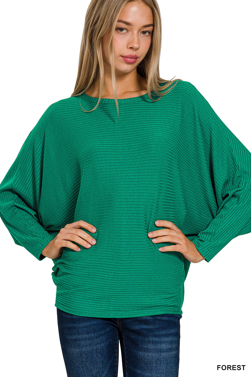 RIBBED BATWING LONG SLEEVE BOAT NECK SWEATER