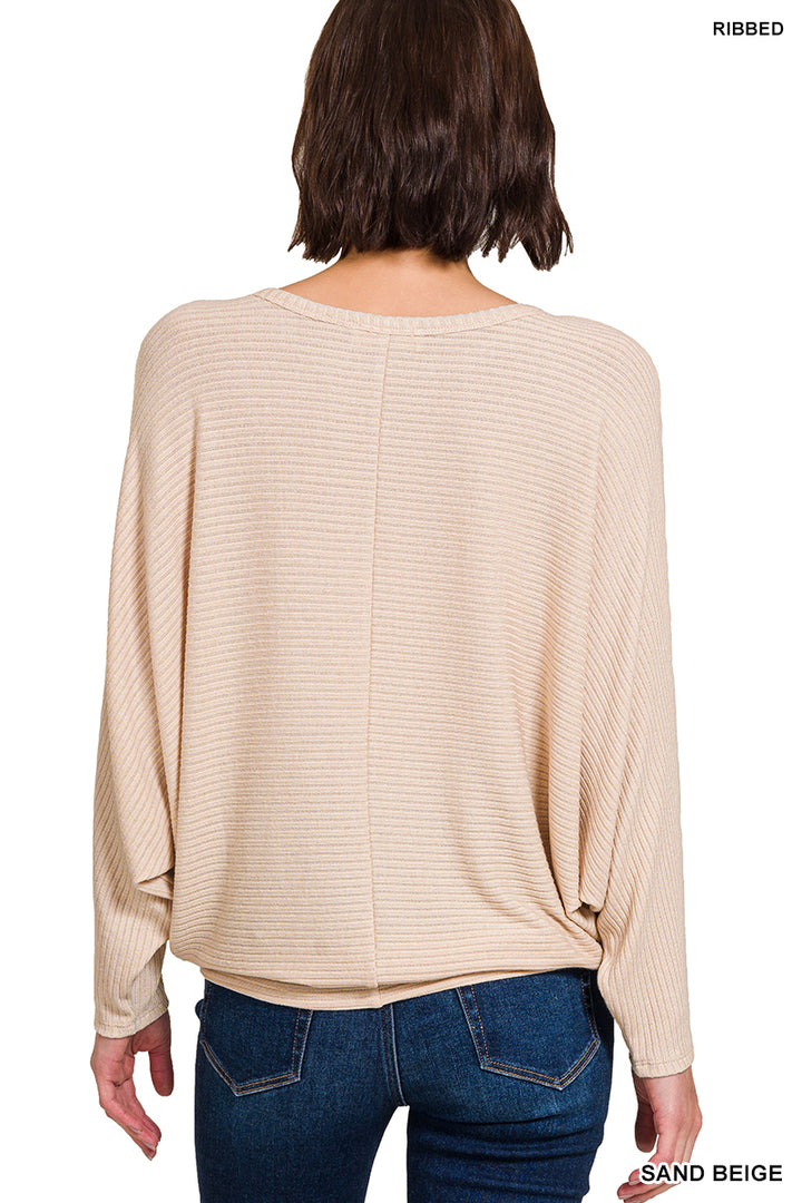 RIBBED BATWING LONG SLEEVE BOAT NECK SWEATER