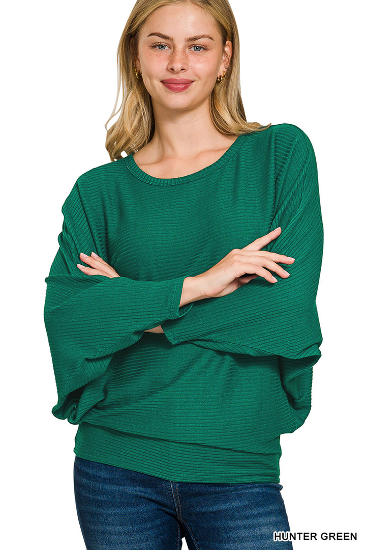 RIBBED BATWING LONG SLEEVE BOAT NECK SWEATER