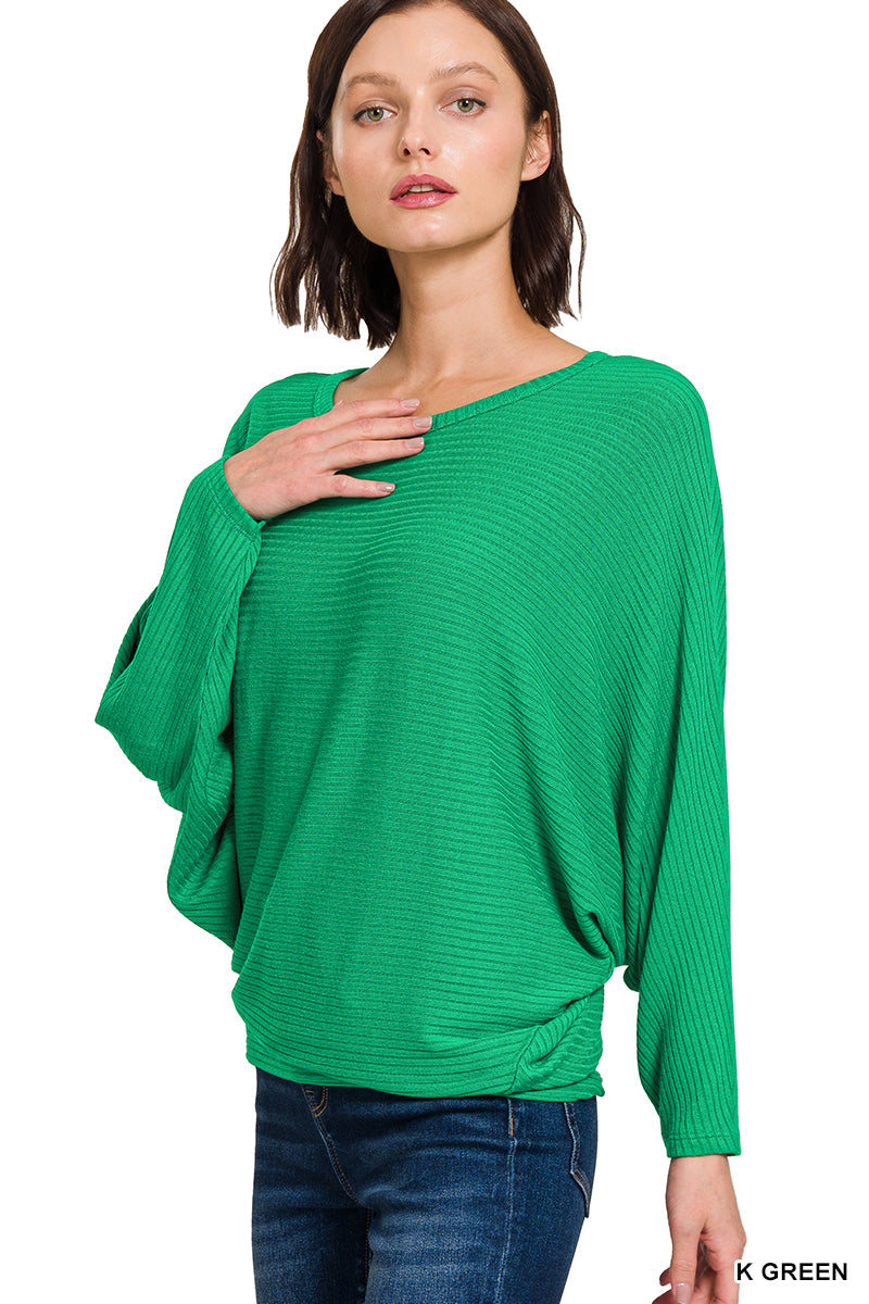 RIBBED BATWING LONG SLEEVE BOAT NECK SWEATER