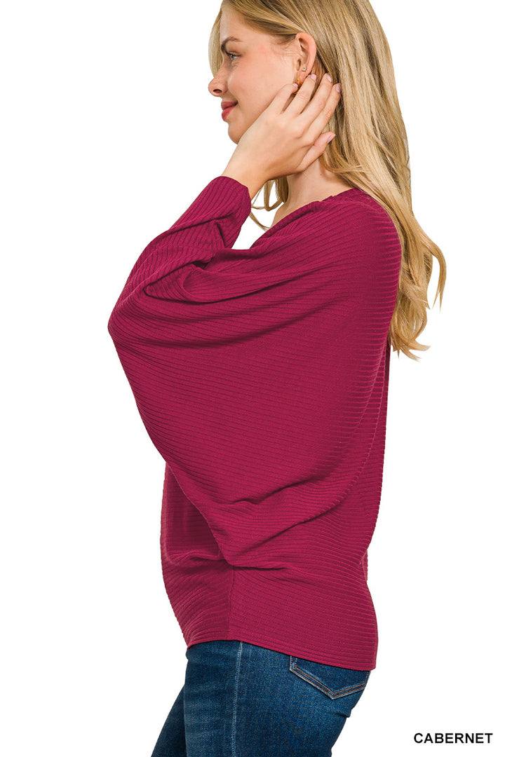 RIBBED BATWING LONG SLEEVE BOAT NECK SWEATER