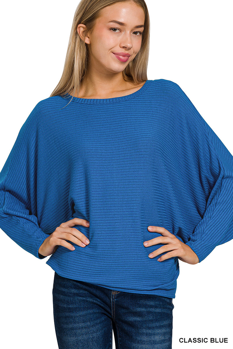 RIBBED BATWING LONG SLEEVE BOAT NECK SWEATER