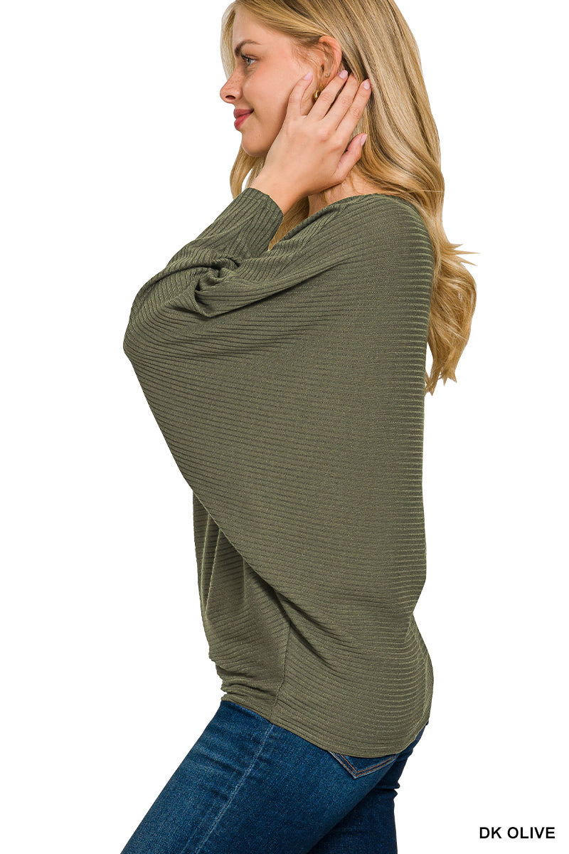 RIBBED BATWING LONG SLEEVE BOAT NECK SWEATER