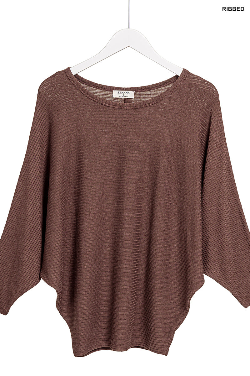 RIBBED BATWING LONG SLEEVE BOAT NECK SWEATER