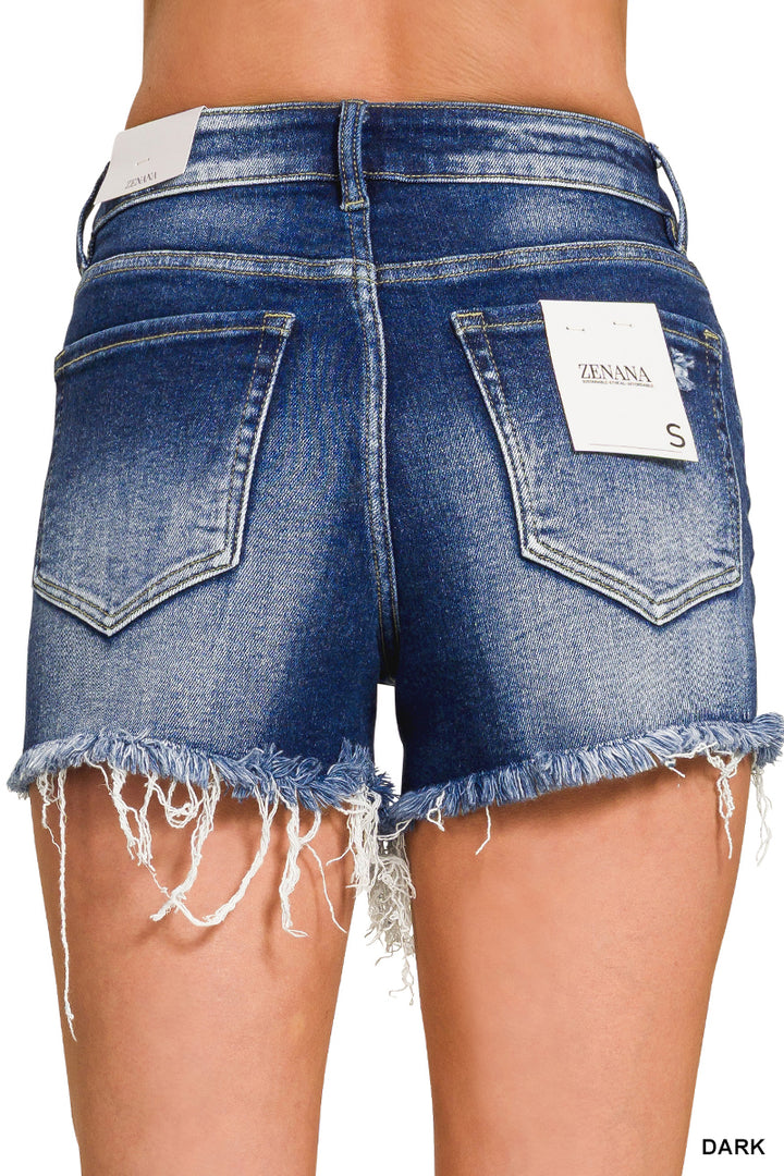 DARK WASHED RAW FRAYED HEM DENIM SHORTS