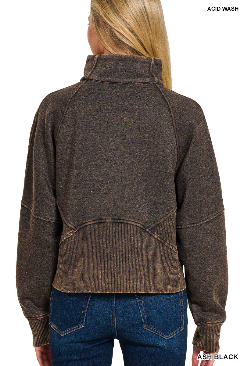 ACID WASHED HALF ZIP FLEECE PULLOVER KANGAROO POCKET