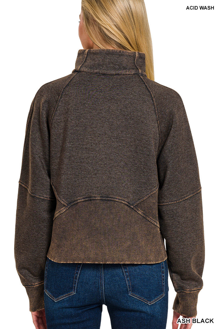 ACID WASHED HALF ZIP FLEECE PULLOVER KANGAROO POCKET
