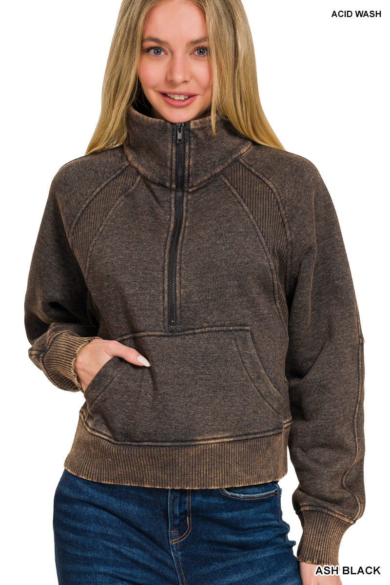 ACID WASHED HALF ZIP FLEECE PULLOVER KANGAROO POCKET