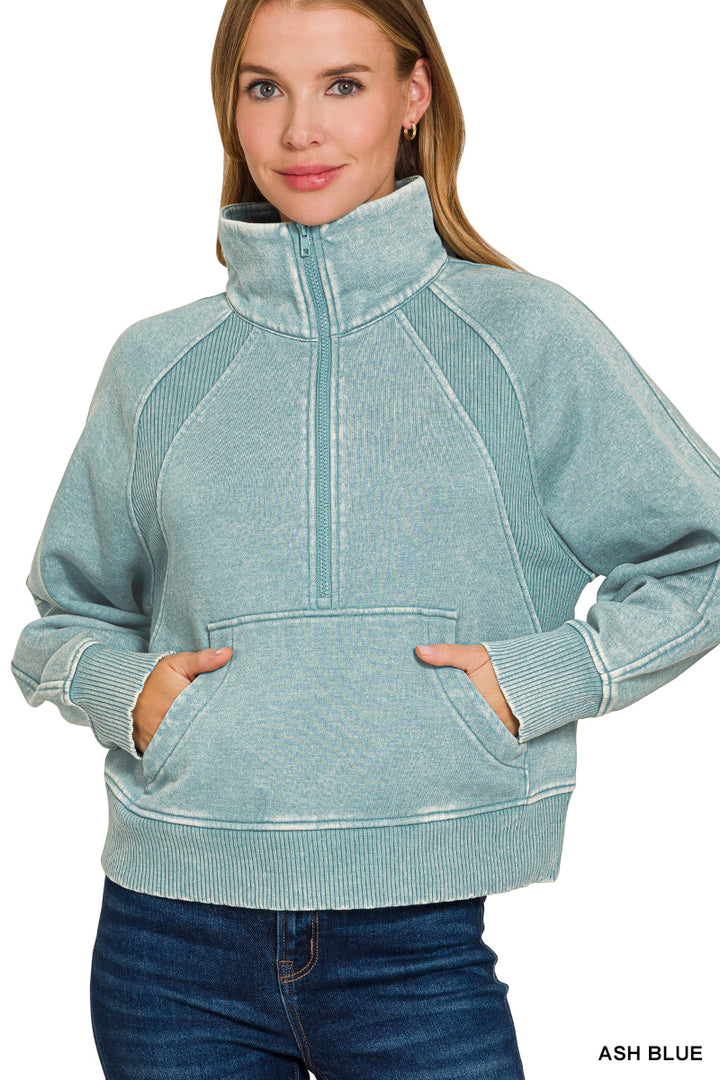 ACID WASHED HALF ZIP FLEECE PULLOVER KANGAROO POCKET