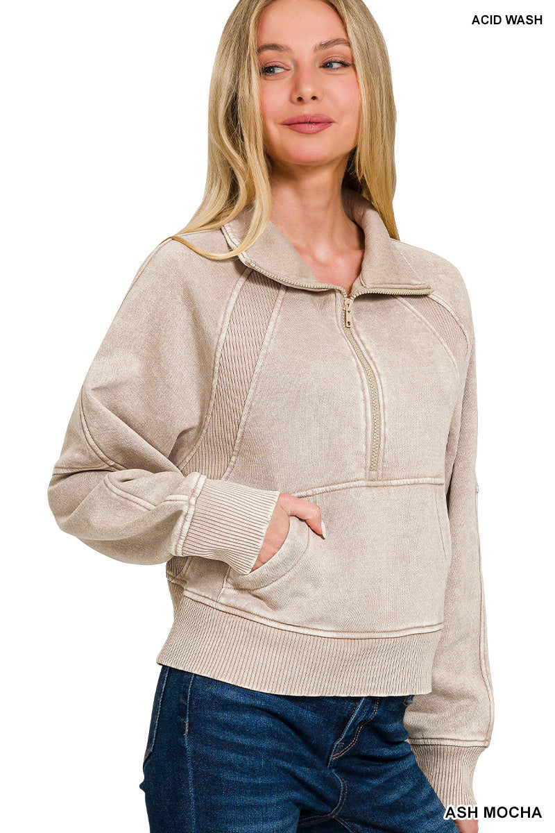 ACID WASHED HALF ZIP FLEECE PULLOVER KANGAROO POCKET