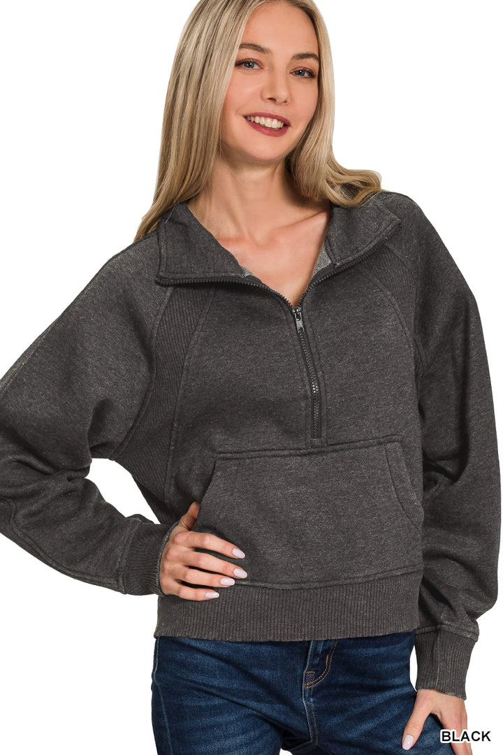 ACID WASHED HALF ZIP FLEECE PULLOVER KANGAROO POCKET