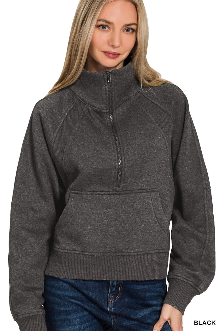 ACID WASHED HALF ZIP FLEECE PULLOVER KANGAROO POCKET