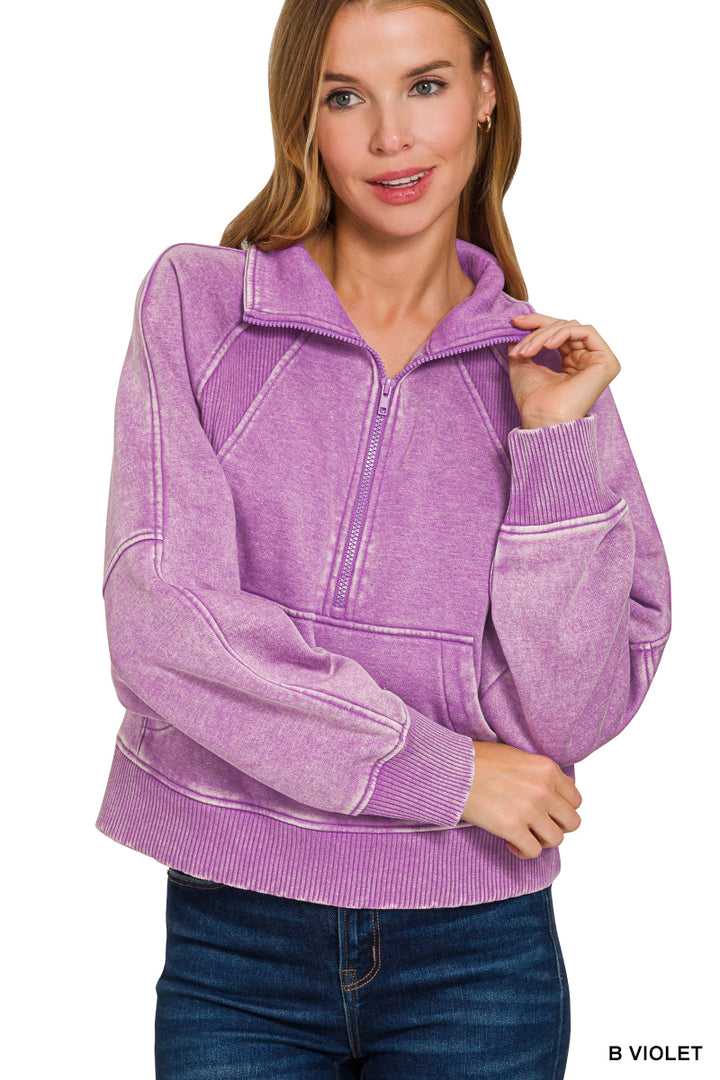 ACID WASHED HALF ZIP FLEECE PULLOVER KANGAROO POCKET