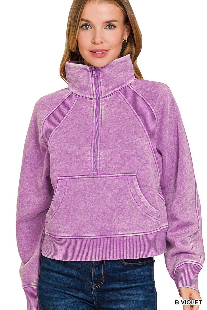 ACID WASHED HALF ZIP FLEECE PULLOVER KANGAROO POCKET