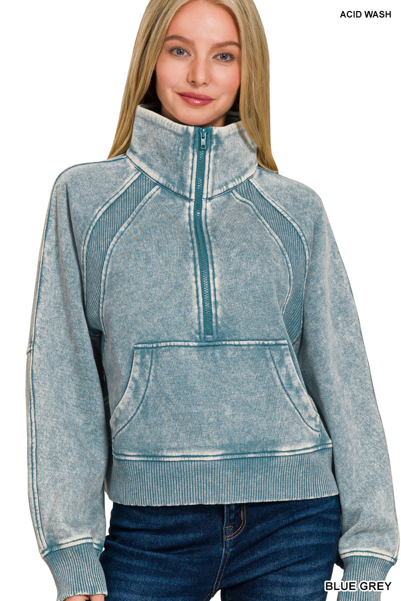 ACID WASHED HALF ZIP FLEECE PULLOVER KANGAROO POCKET