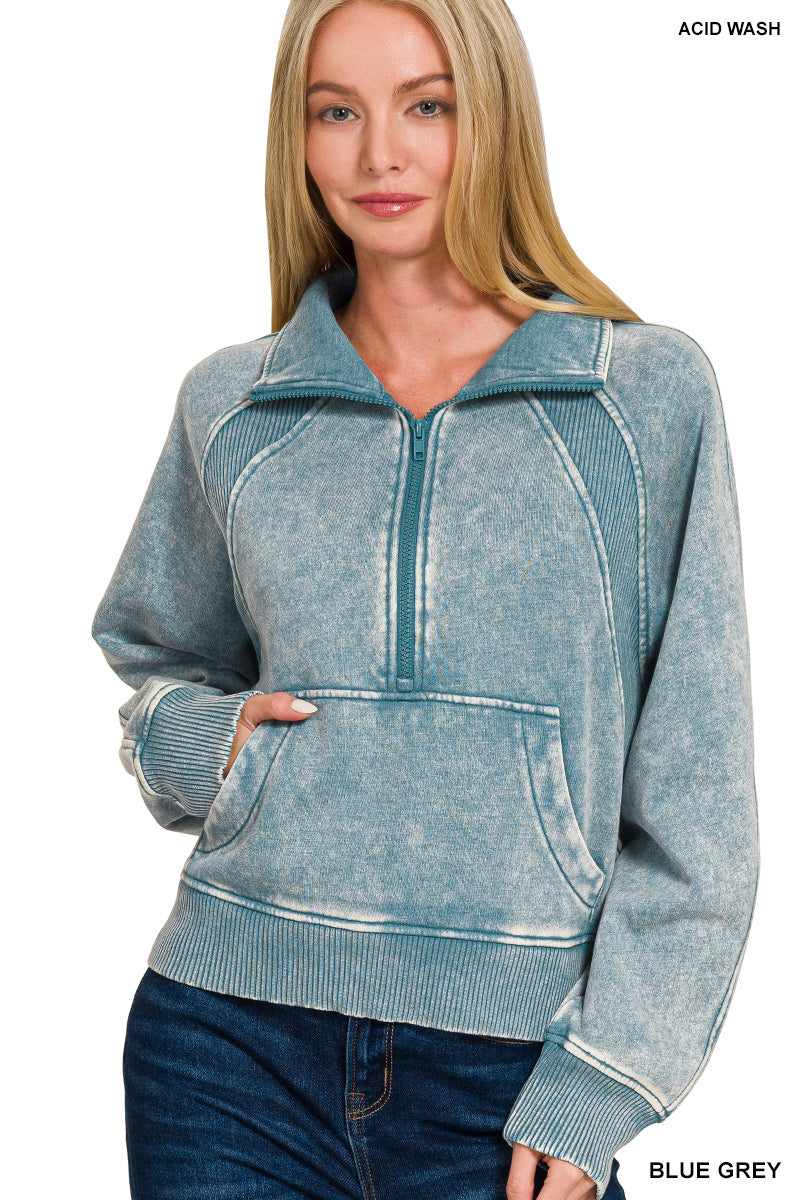 ACID WASHED HALF ZIP FLEECE PULLOVER KANGAROO POCKET