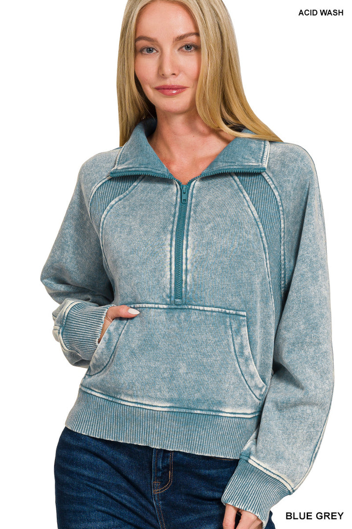 ACID WASHED HALF ZIP FLEECE PULLOVER KANGAROO POCKET