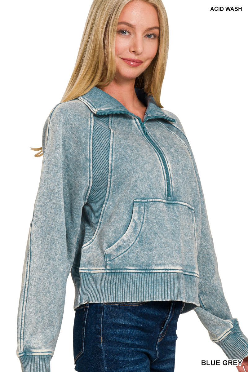 ACID WASHED HALF ZIP FLEECE PULLOVER KANGAROO POCKET
