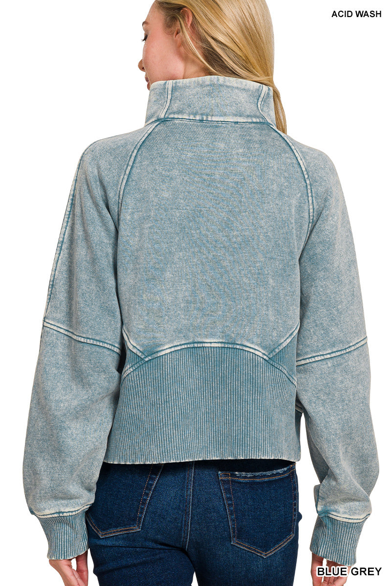 ACID WASHED HALF ZIP FLEECE PULLOVER KANGAROO POCKET