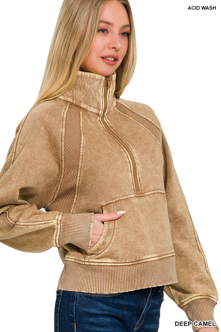 ACID WASHED HALF ZIP FLEECE PULLOVER KANGAROO POCKET