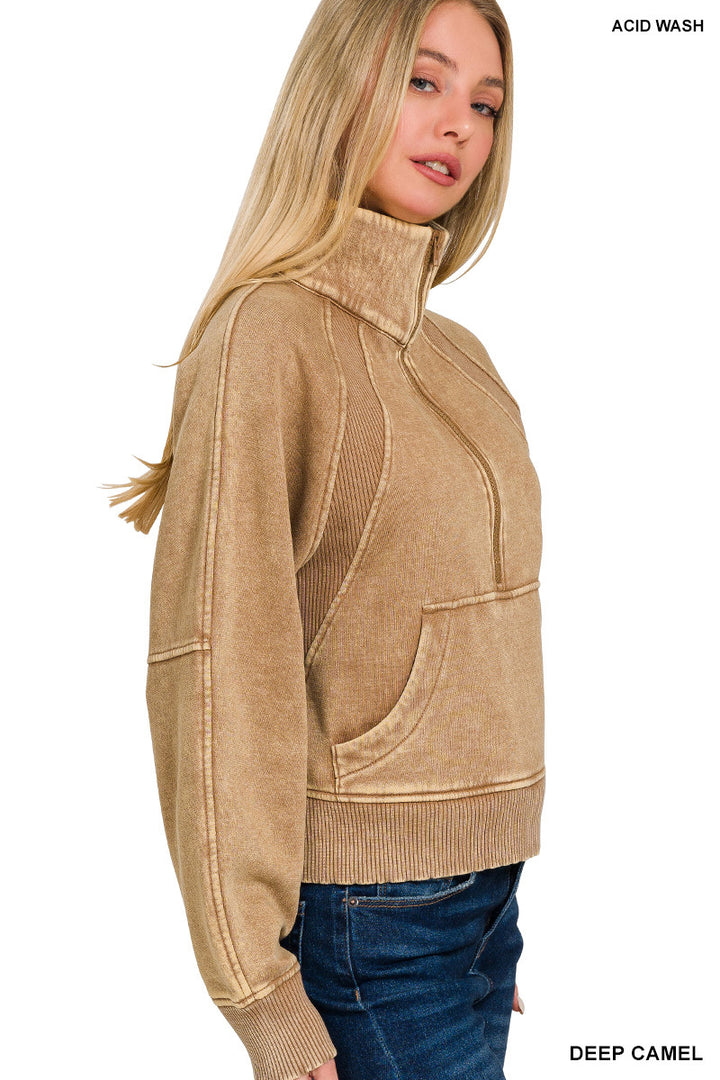 ACID WASHED HALF ZIP FLEECE PULLOVER KANGAROO POCKET