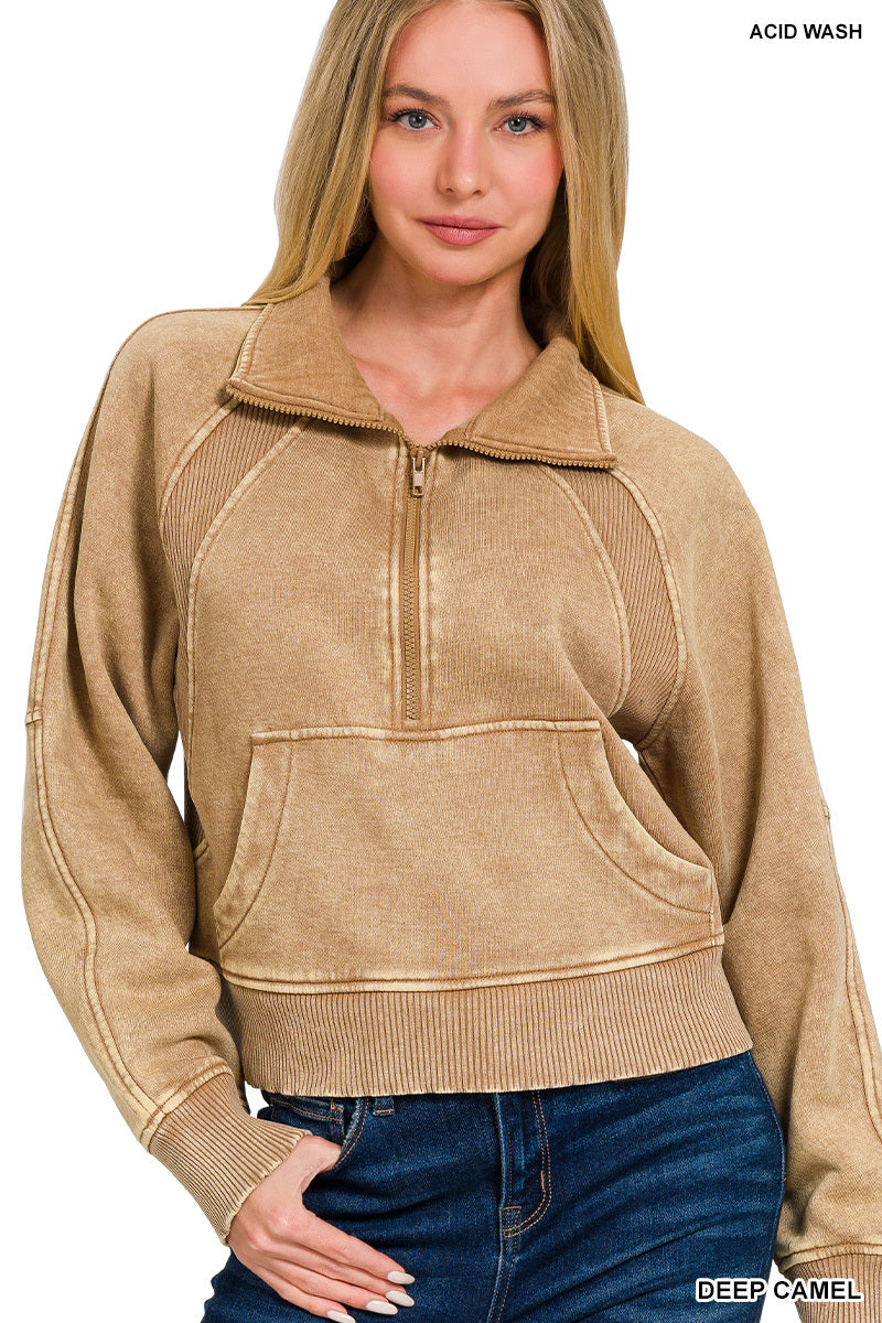 ACID WASHED HALF ZIP FLEECE PULLOVER KANGAROO POCKET