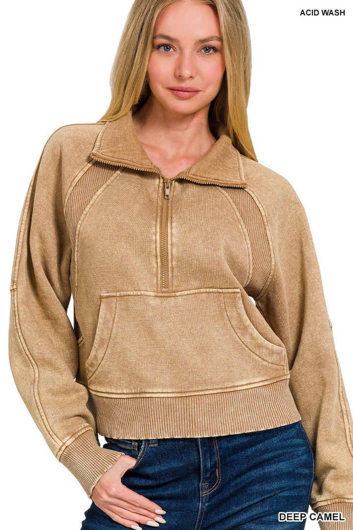 ACID WASHED HALF ZIP FLEECE PULLOVER KANGAROO POCKET