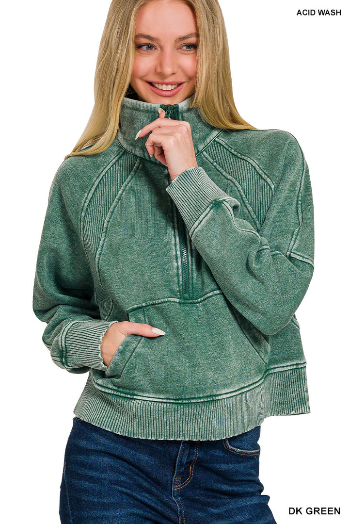 ACID WASHED HALF ZIP FLEECE PULLOVER KANGAROO POCKET