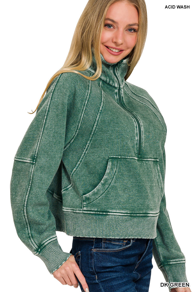 ACID WASHED HALF ZIP FLEECE PULLOVER KANGAROO POCKET