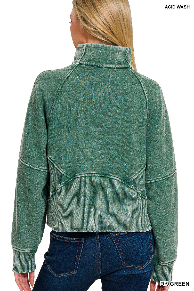 ACID WASHED HALF ZIP FLEECE PULLOVER KANGAROO POCKET