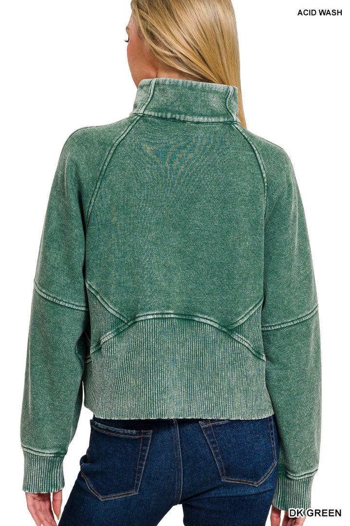 ACID WASHED HALF ZIP FLEECE PULLOVER KANGAROO POCKET