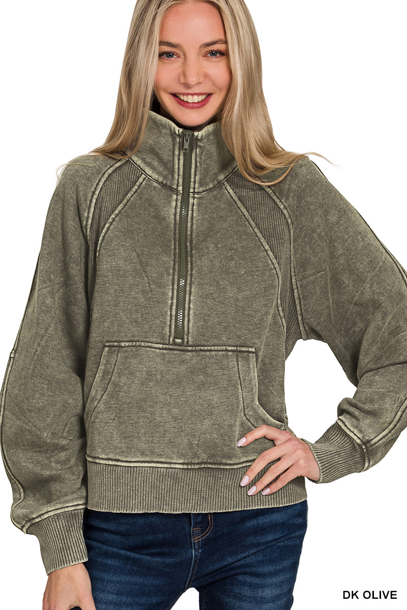 ACID WASHED HALF ZIP FLEECE PULLOVER KANGAROO POCKET
