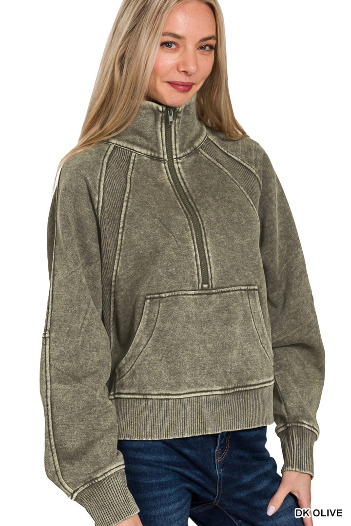 ACID WASHED HALF ZIP FLEECE PULLOVER KANGAROO POCKET