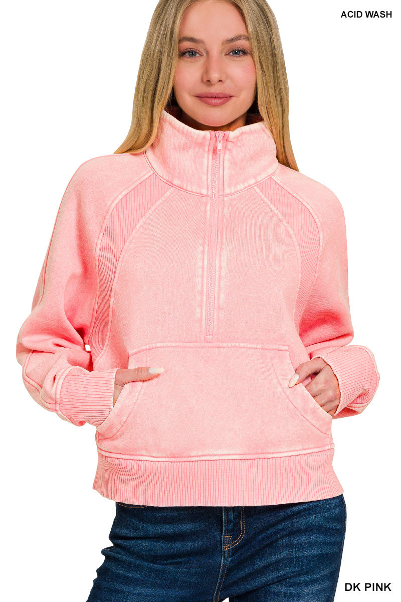 ACID WASHED HALF ZIP FLEECE PULLOVER KANGAROO POCKET
